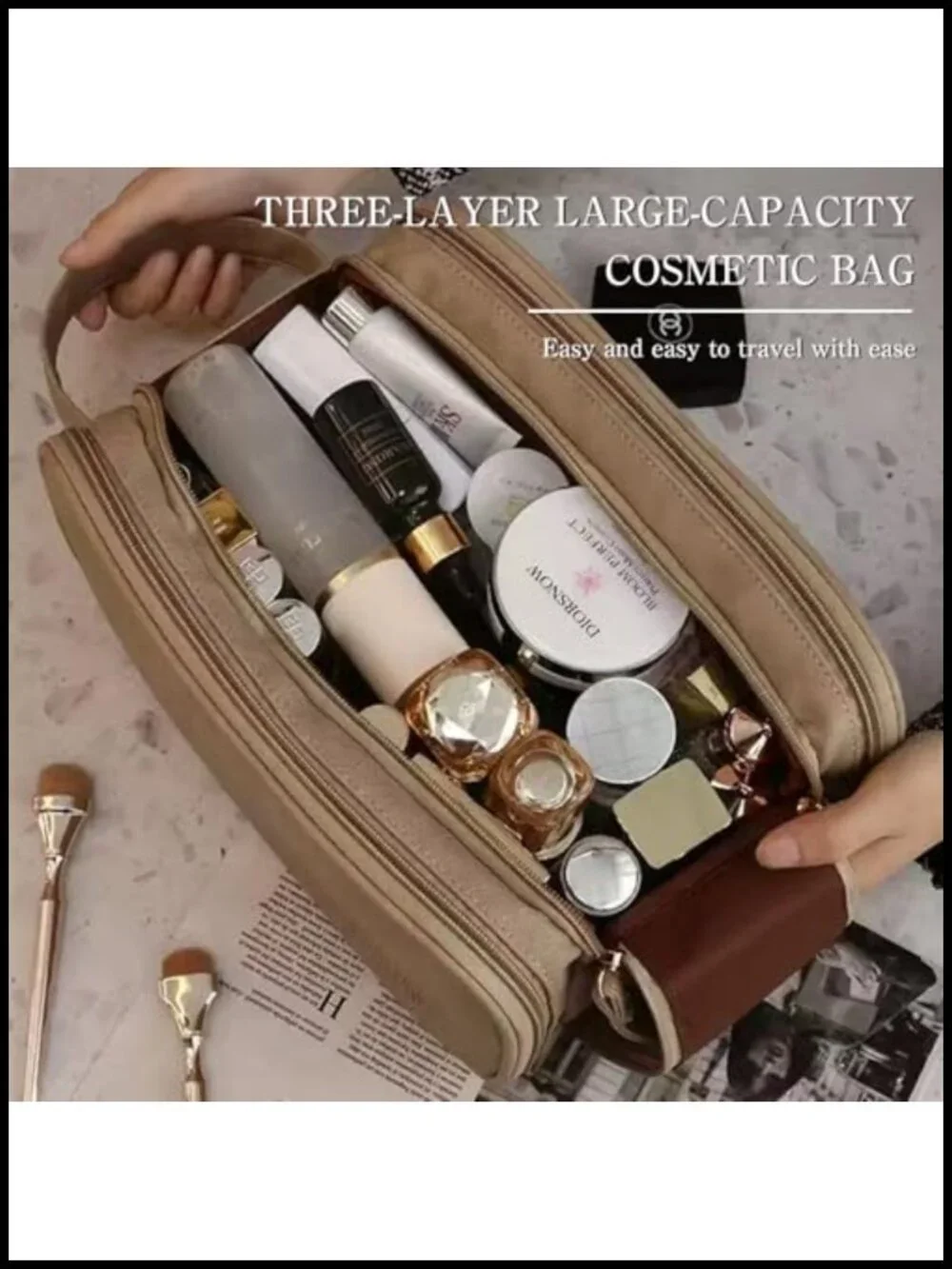 3-Layer Large Capacity PU Cosmetic Toiletry Bag with Double Zippers & Wide